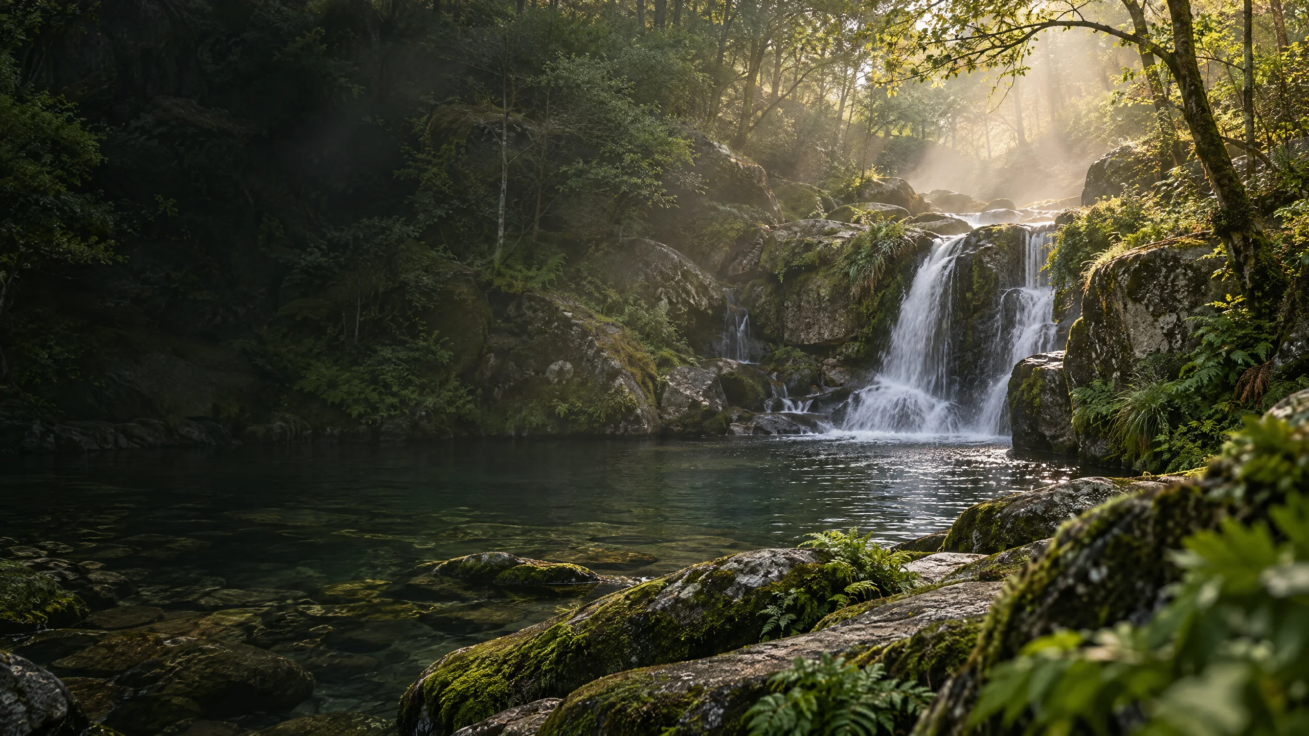 Imagem ilustrativa de uma cascata entre rochas e vegetação; não representa a Casa Margo
